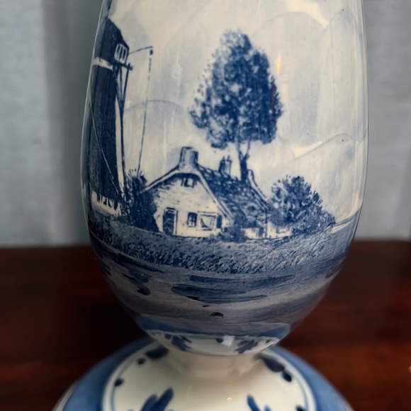 Tall Slender Blue Delft Bud Vase w/ Windmill on one side, Sailboat on the other - Picture 7 of 14